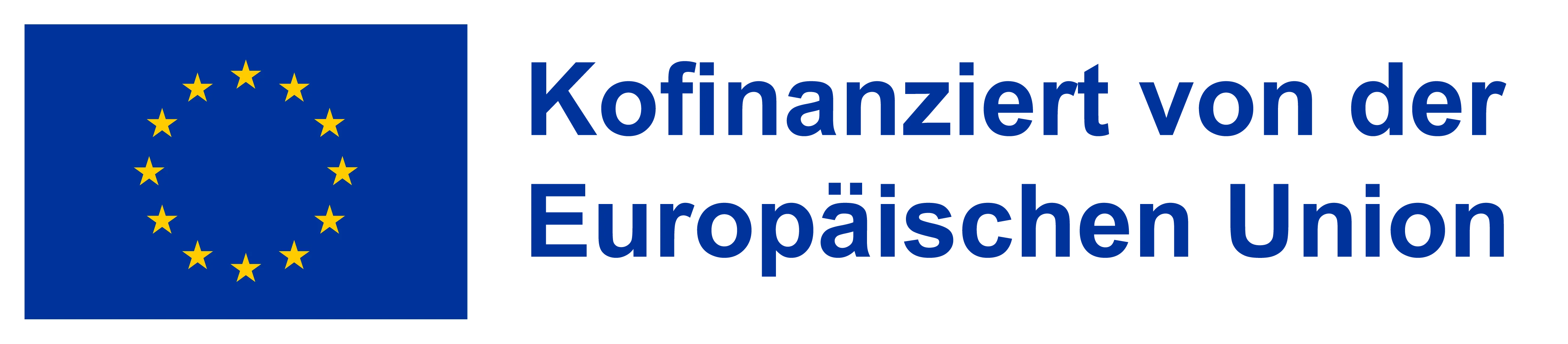 Logo der Europäische Union Bildwortmarke zeigt das EU-Flaggensymbol blau mit gelben Sternen und dem Schriftzug „Kofinanziert von der Europäischen Union“.