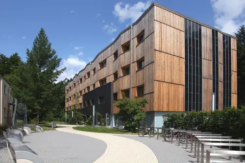 Wir erzeugen mit Photovoltaik-Anlagen selber Strom – u. a. auf dem Dach des Gewächshausgebäudes vom Forstbotanischen Garten und auf dem Waldcampus an der Holzfassade von Haus 11.