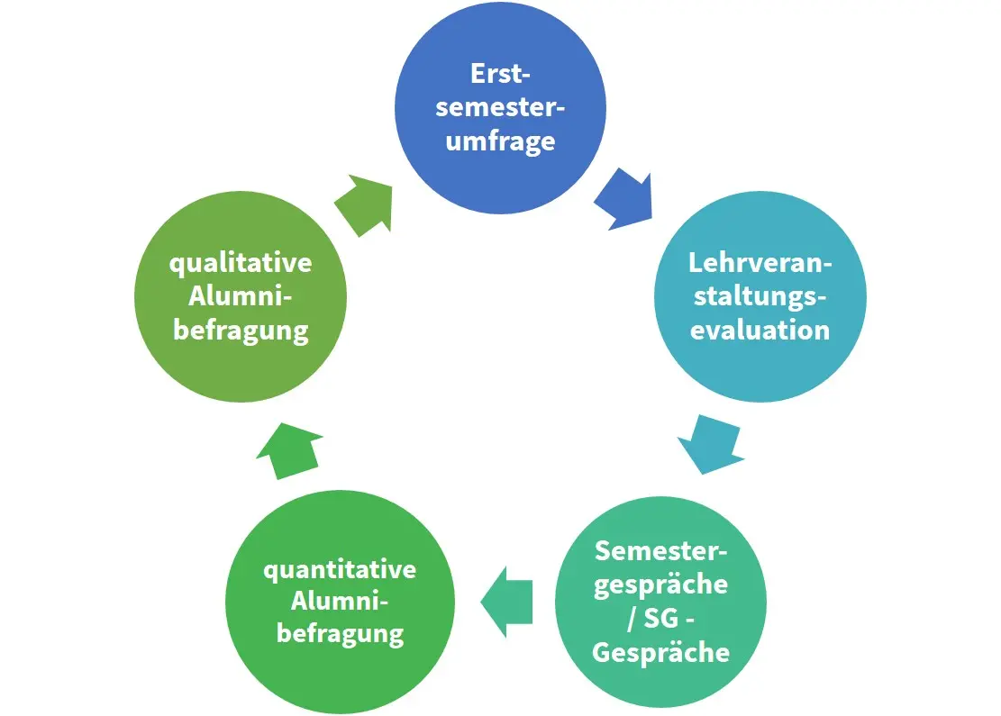 Zu sehen sind alle Befragungen die momentan an der HNEE für Studierende stattfinden: Erstsemesterbefragung, Lehrveranstaltungsevaluation, Semestergespräche, quantitative Alumnibefragung, qualitative Alumnibefragung